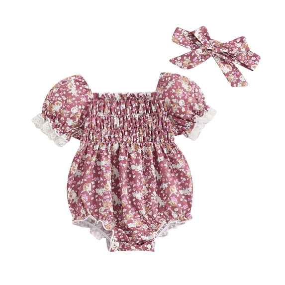 Aojekbee Infant Baby Girl Romper Floral Print Short Puff Sleeve Neck Jumpsuit with Bow Headband