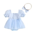 thumbnail image 1 of Aojekbee Infant Baby Girls Summer Romper Dress with Bow Headband 3D Flower Short Puff Sleeve Neck Tulle Jumpsuit, 1 of 10