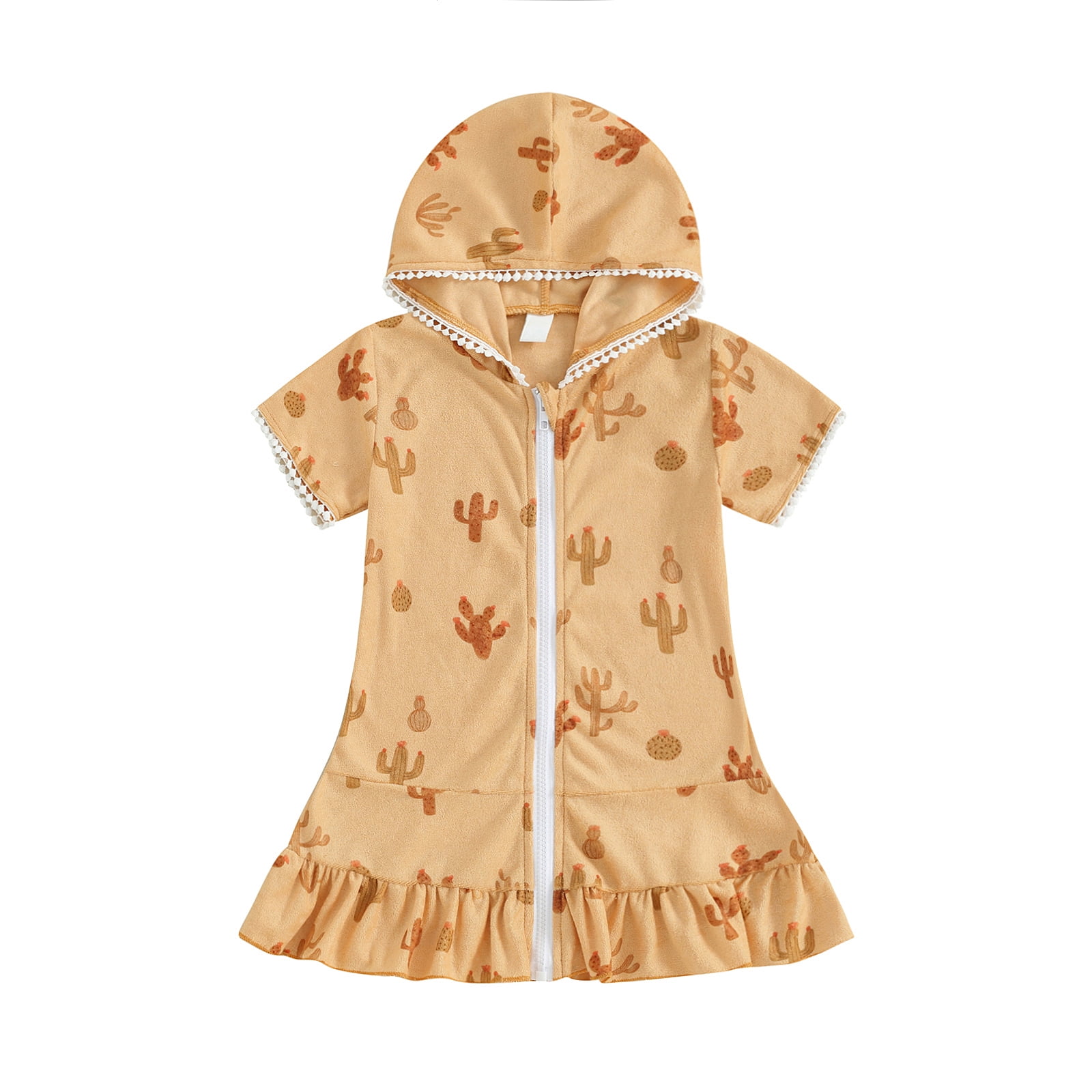 Aojekbee Kid Girls Hooded Beach Towel, Soft Cactus Print Zip Up Towel Absorbent Use for Swim