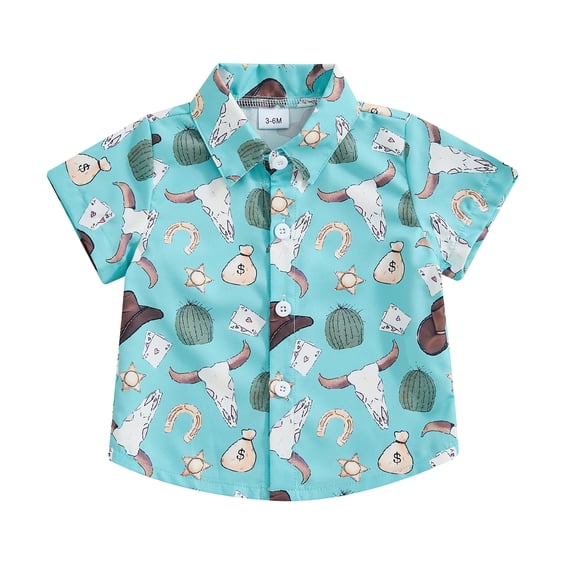 Aojekbee Kids Baby Boy Button down Shirt Western Cow Head Print Short Sleeve Tops Casual T-Shirts for Toddler Summer Clothes