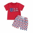 thumbnail image 1 of Aojekbee Kids Boys Shorts Set, Short Sleeve Embroidery Letters T-shirt with Plaid Shorts for Independence Day, 1 of 10