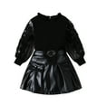 thumbnail image 1 of Aojekbee Kids Girl Fall Outfits Flower Embroidery Mesh Long Sleeve Tops and PU Leather Mini Skirts 2Pcs Clothes Set, 1 of 10
