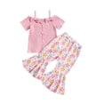 thumbnail image 1 of Aojekbee Kids Girl Summer Outfits Cold Shoulder Short Sleeves Button T-Shirt and Elastic Floral Flare Pants Cute 2 Piece Clothes, 1 of 10