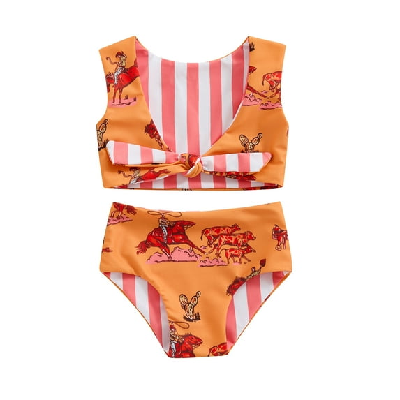Aojekbee Kids Girl Tankini Swimsuits Summer Western Cowboy Print Tie Backless Tank Tops and Elastic Shorts Set Bathing Suits