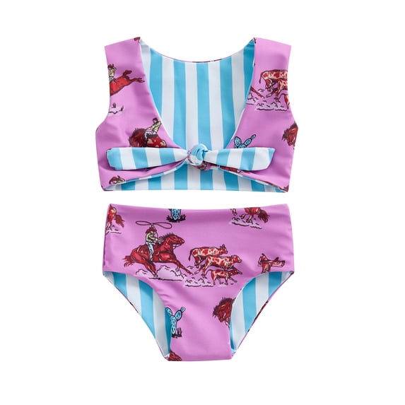 Aojekbee Kids Girl Tankini Swimsuits Summer Western Cowboy Print Tie Backless Tank Tops and Elastic Shorts Set Bathing Suits