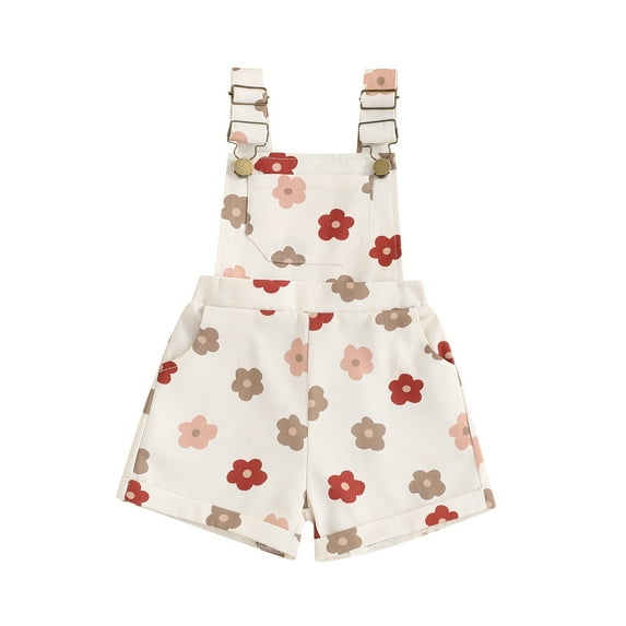 Aojekbee Kids Girls Overalls Strawberry/Flower Print Imitation Denim Sleeveless Straps Buttons Pockets Shortall Summer Romper Jumpsuit