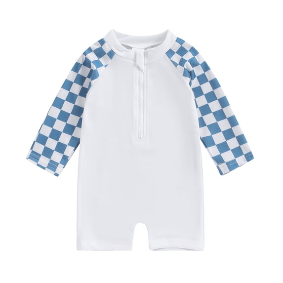 Aojekbee Little Boy Bathing Suit Checkerboard Long Sleeve Round Neck Zipper Rash Guard Swimsuit Infant Toddler Swimwear