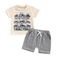 thumbnail image 1 of Aojekbee Little Boy Summer Outfit Tractor Print Short Sleeves Tops with Solid Color Shorts 2 Pcs Clothes, 1 of 10