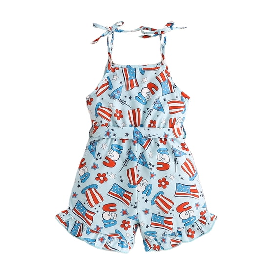 Aojekbee Little Girl 4th of July Overalls Flag/Flower Print Sleeveless Tie-Up Ruffled Shorts Romper with Belt