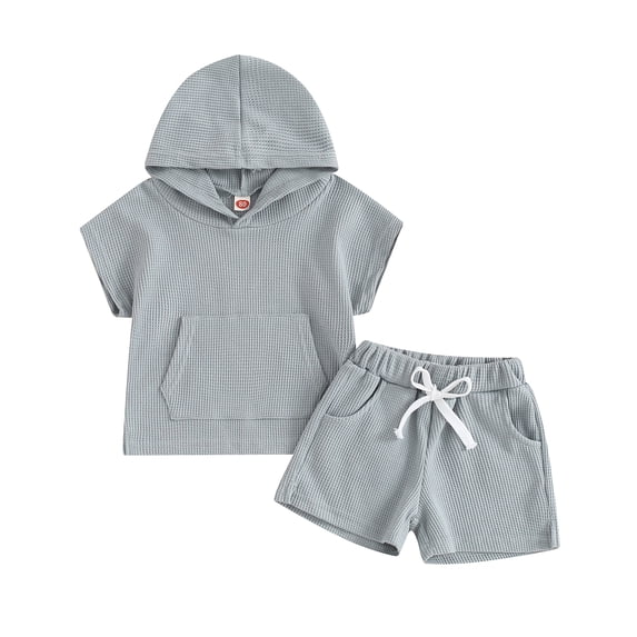 Aojekbee Little Girl Boy Waffle Set, Solid Color Front Pocket Hooded Tank Tops Elastic Waist Split Hem Shorts Baby Toddler Summer Outfits
