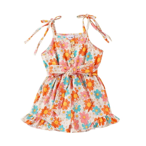 Aojekbee Little Girl Floral Jumpsuit Casual Ruffled Trim Tie-Up Spaghetti Straps Overalls with Belt Toddler Summer Romper