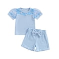 thumbnail image 1 of Aojekbee Little Girl Ribbed Set, Daisy Embroidery Patchwork Mesh Short Sleeve Tops Bow Shorts Toddler Summer Outfits, 1 of 10