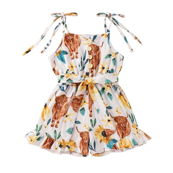 Aojekbee Little Girl Romper Casual Cow/Cactus/Butterfly Print Sleeveless Shorts Jumpsuit with Belt for Newborn Cute Clothes