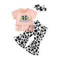 thumbnail image 1 of Aojekbee Little Girl Summer Cowgirl Set, Letter Print Short Sleeve Tassel Hem Tops Cow Print Flare Pant Headband Toddler Outfits, 1 of 10