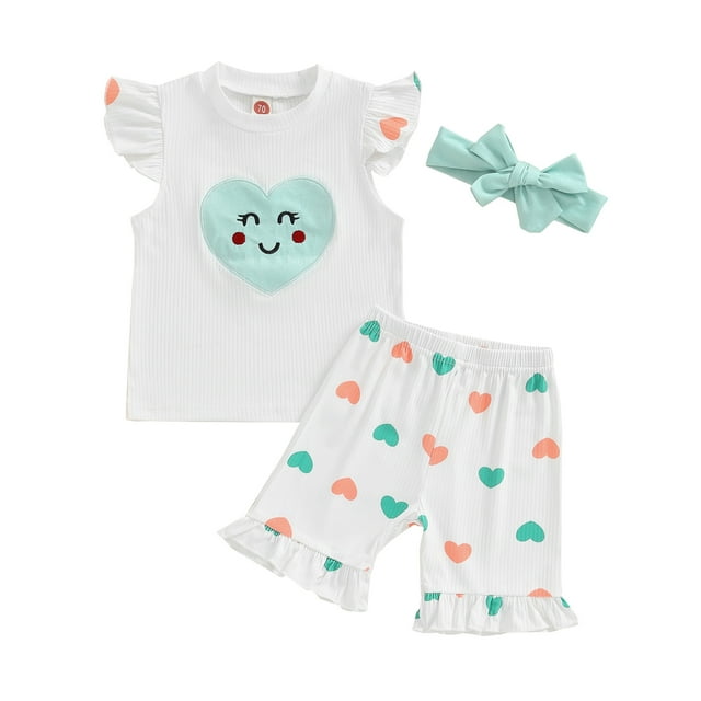 Aojekbee Little Girl Summer Outfits, Heart Patch Fly Sleeve Ribbed T
