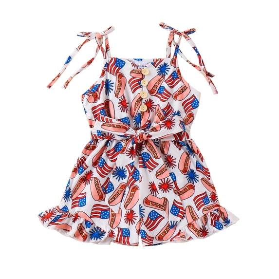 Aojekbee Little Girl Summer Romper Casual 4th of July Sleeveless Shorts Jumpsuit with Belt for Newborn Toddler Cute Clothes