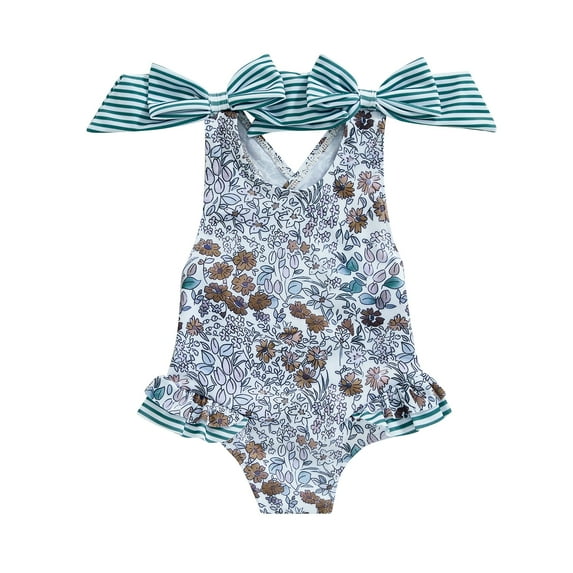 Aojekbee Little Girl Swimsuit Cute 3D Bow Round Neck Sleeveless Floral Bathing Suit Toddler Swimwear for Summer