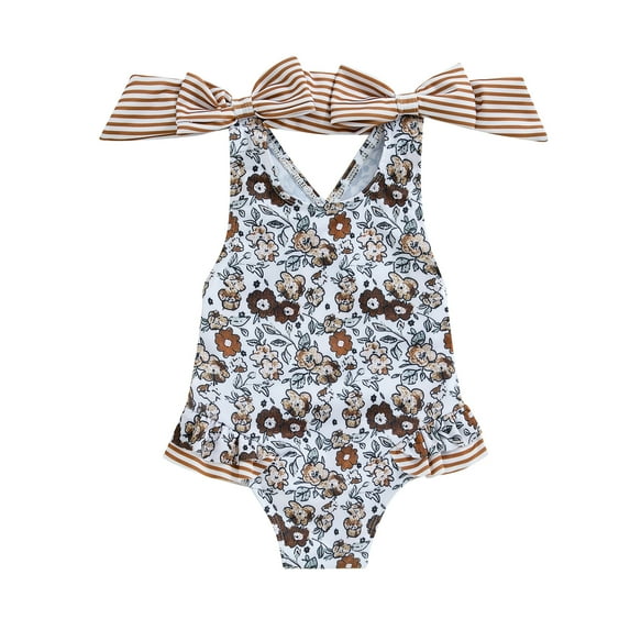 Aojekbee Little Girl Swimsuit Cute 3D Bow Round Neck Sleeveless Floral Bathing Suit Toddler Swimwear for Summer