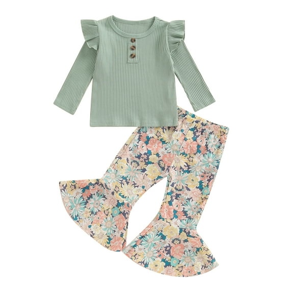 Aojekbee Little Girls 2PCS Pants Sets Flying Sleeve Button Tops Floral Print Flared Pants Sets