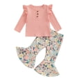 thumbnail image 1 of Aojekbee Little Girls 2PCS Pants Sets Flying Sleeve Button Tops Floral Print Flared Pants Sets, 1 of 10