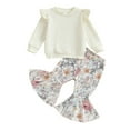 thumbnail image 1 of Aojekbee Little Girls 2PCS Pants Sets Flying Sleeve Round Neck Tops Floral/Butterfly/Strawberry Print Flared Pants Sets, 1 of 10