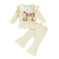 thumbnail image 1 of Aojekbee Little Girls Birthday Outfit Sets Flying Sleeve Letter Embroidery Tops Solid Color Flared Pants Sets, 1 of 10