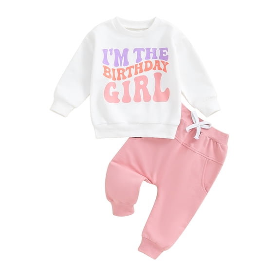 Aojekbee Little Girls Boys Birthday Outfits Long Sleeve Letter Print Tops Drawstring Pants Sets