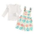 thumbnail image 1 of Aojekbee Little Girls Fall Outfits Solid Color Ribbed Long Sleeve Tops with Floral Print Overalls Shorts 2Pcs Set, 1 of 10