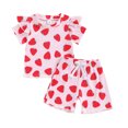 thumbnail image 1 of Aojekbee Little Girls Summer 2PCS Sets Flying Sleeve O Neck Strawberry Print T-shirt Shorts Sets, 1 of 10