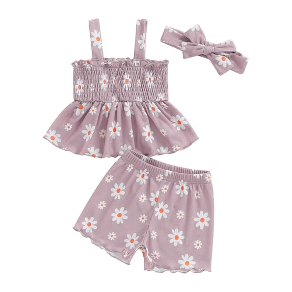 Aojekbee Little Girls Summer 3PCS Sets Sleeveless Daisy Print Tank Tops Shorts Headband Sets