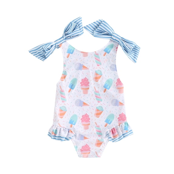 Aojekbee Little Girls Summer Swimwear Sleeveless Donut/Ice Cream/Floral Print Ruffle Bathing Suit