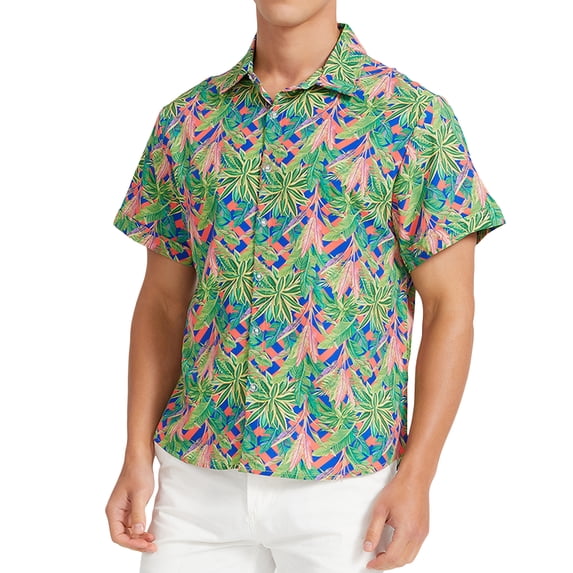 Aojekbee Men Hawaii Beach Shirts Leaves Print Short Sleeve Holiday Tops Turn-Down Collar Summer Casual Clothes