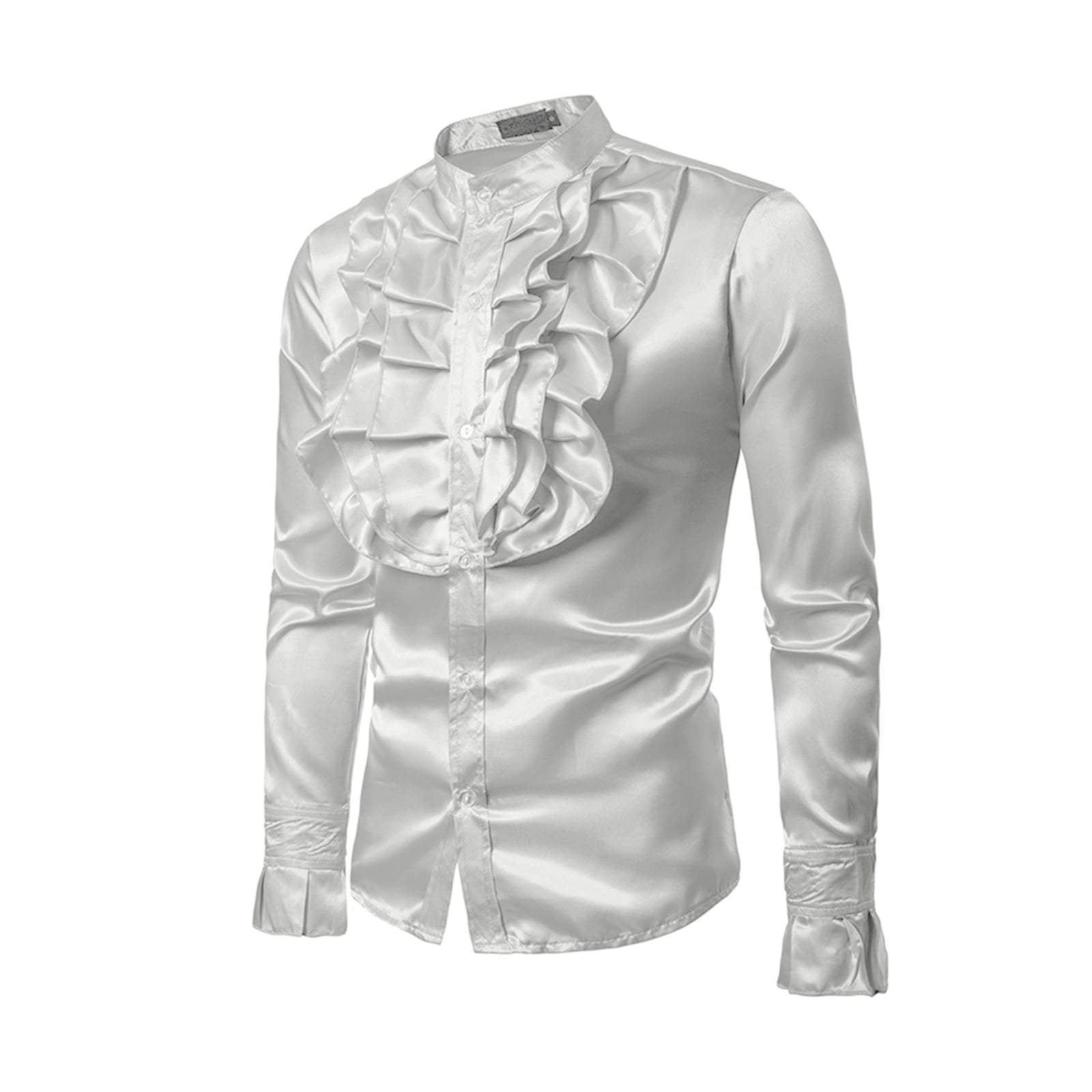 Aojekbee Men Satin Ruffle Shirts, Long Sleeve Stand Collar Solid Color ...