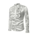 thumbnail image 1 of Aojekbee Men Satin Ruffle Shirts, Long Sleeve Stand Collar Solid Color Slim Fit Dress Shirt, 1 of 10