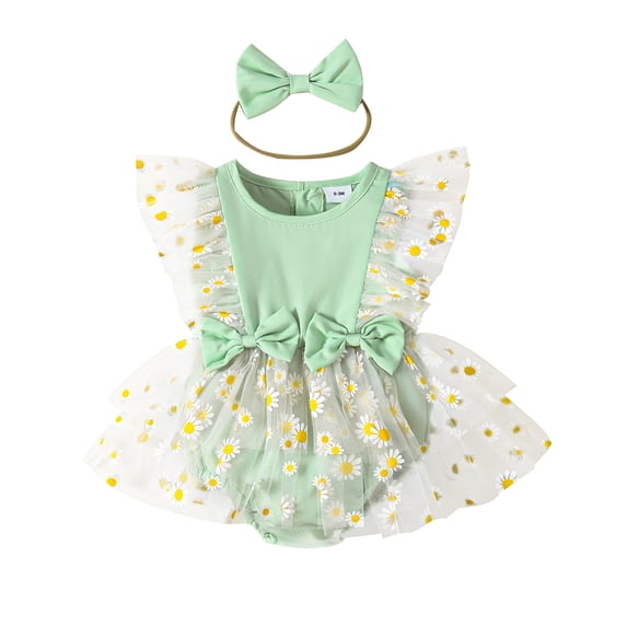 Aojekbee Newborn Girl Outfit, Flower Print Fly Sleeve Tulle Romper Dress with Bowknot Hairband Summer Clothes