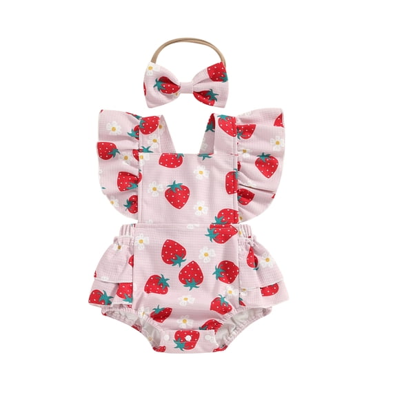 Aojekbee Newborn Girl Outfit, Flower Strawberry Print Fly Sleeve Romper with Hairband Summer Clothes