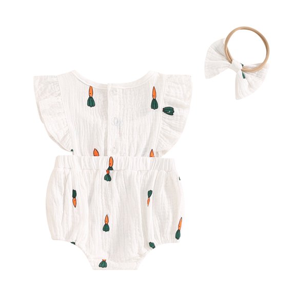 Aojekbee Newborn Girl Outfit, Fly Sleeve Cherry Carrot Print Romper with Bowknot Hairband Summer Clothes