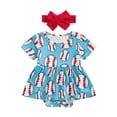 thumbnail image 1 of Aojekbee Newborn Girl Outfit, Short Sleeve Crew Neck Baseball Print A-line Romper Dress with Headband Clothes, 1 of 10