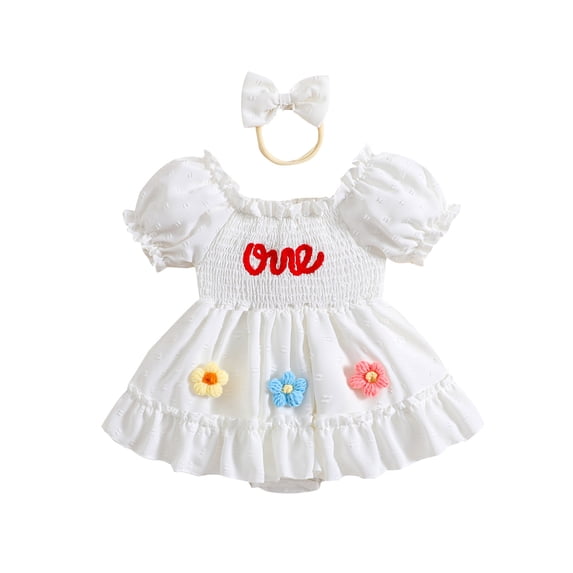 Aojekbee Newborn Girl Outfit, Short Sleeve Letters Flower Romper Dress with Headband One Year Old Birthday Outfit
