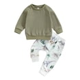 thumbnail image 1 of Aojekbee Toddler Boy Fall Outfits Waffle Long Sleeve Round Neck Sweatshirt and Animal Pattern Pants 2 Pcs Set, 1 of 10