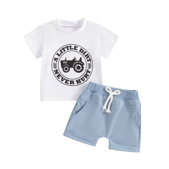 Aojekbee Toddler Boy Summer 2 Pcs Outfit Letter Print Short Sleeve T-Shirt with Solid Color Shorts for Summer