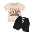 thumbnail image 1 of Aojekbee Toddler Boy Summer Clothes Letter Print Short Sleeve T-Shirt with Elastic Waist Solid Color Shorts 2Pcs Outfit, 1 of 10