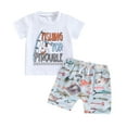 thumbnail image 1 of Aojekbee Toddler Boy Summer Outfit Letter Print Short Sleeve Tops with Elastic Waist Fish Pattern Shorts 2 Pcs Clothes, 1 of 10