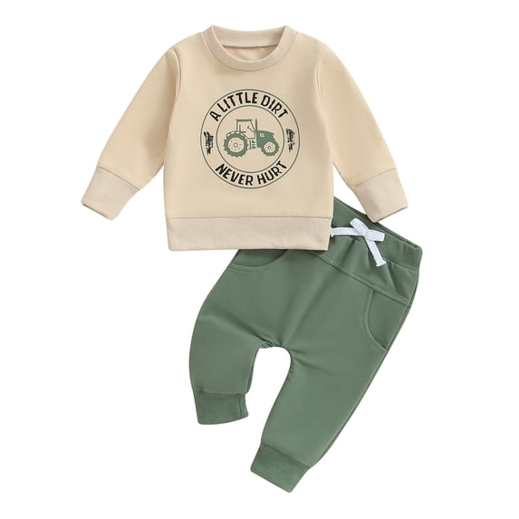 Aojekbee Toddler Boys Fall Outfits Letter Tractor Print Long Sleeve Sweatshirts and Long Pants 2Pcs Clothes Set
