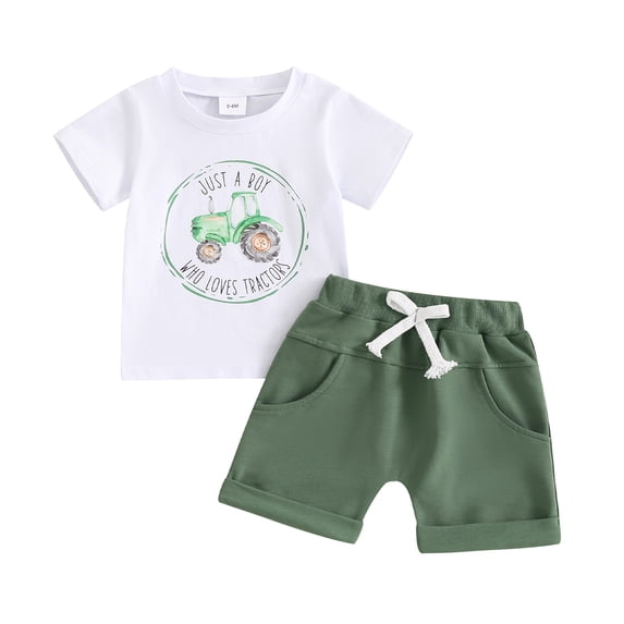 Aojekbee Toddler Boys Summer Outfits Letter Farm Tractor Print Short Sleeve T-Shirts Tops Elastic Waist Shorts 2Pcs Clothes Set