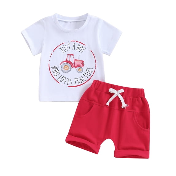 Aojekbee Toddler Boys Summer Outfits Letter Farm Tractor Print Short Sleeve T-Shirts Tops Elastic Waist Shorts 2Pcs Clothes Set