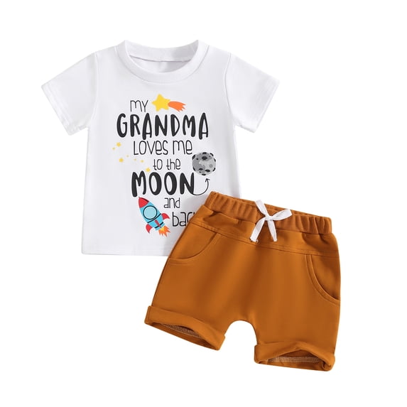 Aojekbee Toddler Boys Summer Outfits Letter Rocket Print Short Sleeve T-Shirts Tops Elastic Waist Shorts 2Pcs Clothes Set
