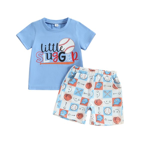 Aojekbee Toddler Boys Summer Shorts Sets Blue Short Sleeve Letter Print Tops and Baseball Print Shorts Sets