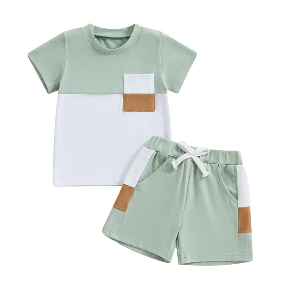 Aojekbee Toddler Boys Summer Shorts Sets Short Sleeve Contrast Color Tops and Drawstring Shorts Sets