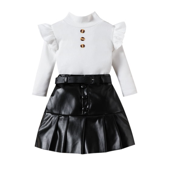 Aojekbee Toddler Girl 2 Piece Outfit Ruffles Long Sleeve Tops and Leather Pleated Skirt Set for Baby Fall Cute Clothes